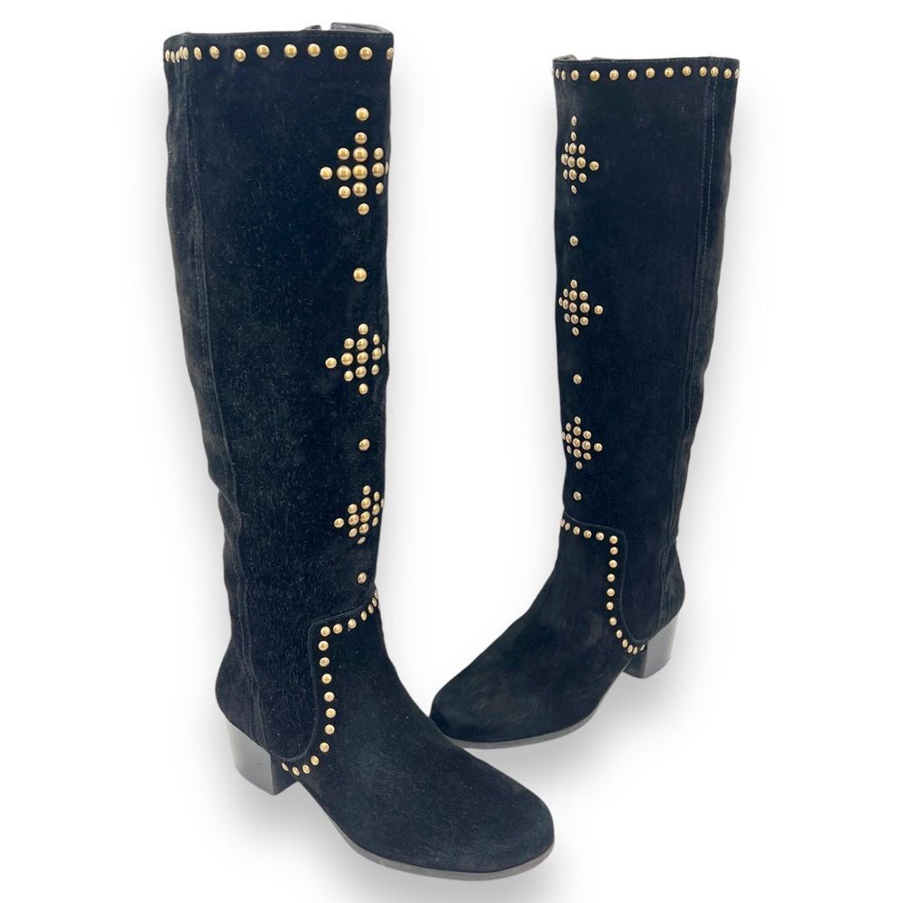 Array Masseys Fortune Black Suede Brass Studded Tall Knee High Block Heel Boot 9